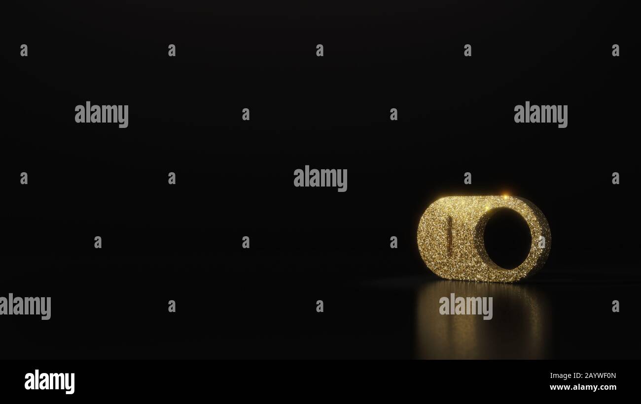 Symbole pailleté or du bouton de commutation sur le rendu tridimensionnel sur fond noir foncé avec réflexion floue avec des taches Banque D'Images