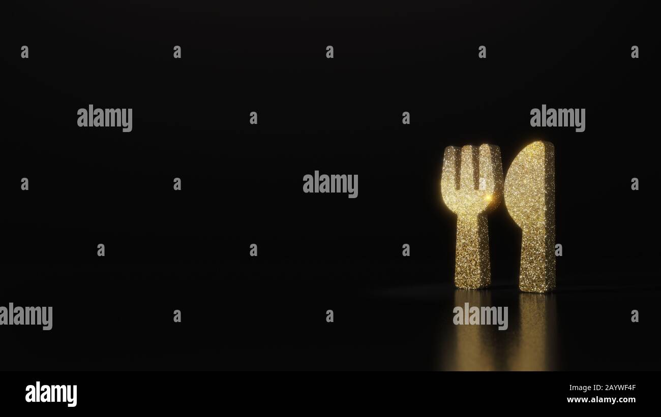 Symbole pailleté or de la fourche et du couteau rendu tridimensionnel sur fond noir foncé avec réflexion floue avec des taches Banque D'Images