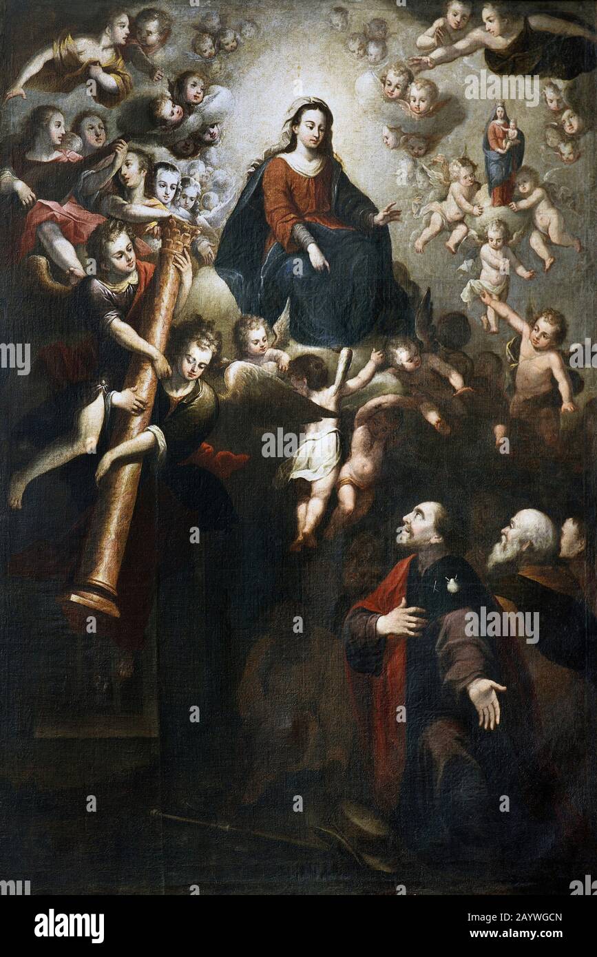 L'Arrivée De Notre Dame du pilier à Saragosse. Peinture anonyme, 1764. Église notre-Dame la Vierge de l'olive. Ejea de los Caballeros, province de Saragosse, Aragon, Espagne. Banque D'Images