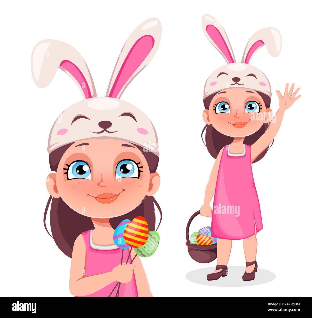 Bonne carte de vœux de Pâques. Jolie petite fille porte des oreilles de lapin, ensemble de deux poses. Drôle de personnage de dessin animé pour enfant contient des œufs de couleur. Illustration vectorielle de stock Illustration de Vecteur