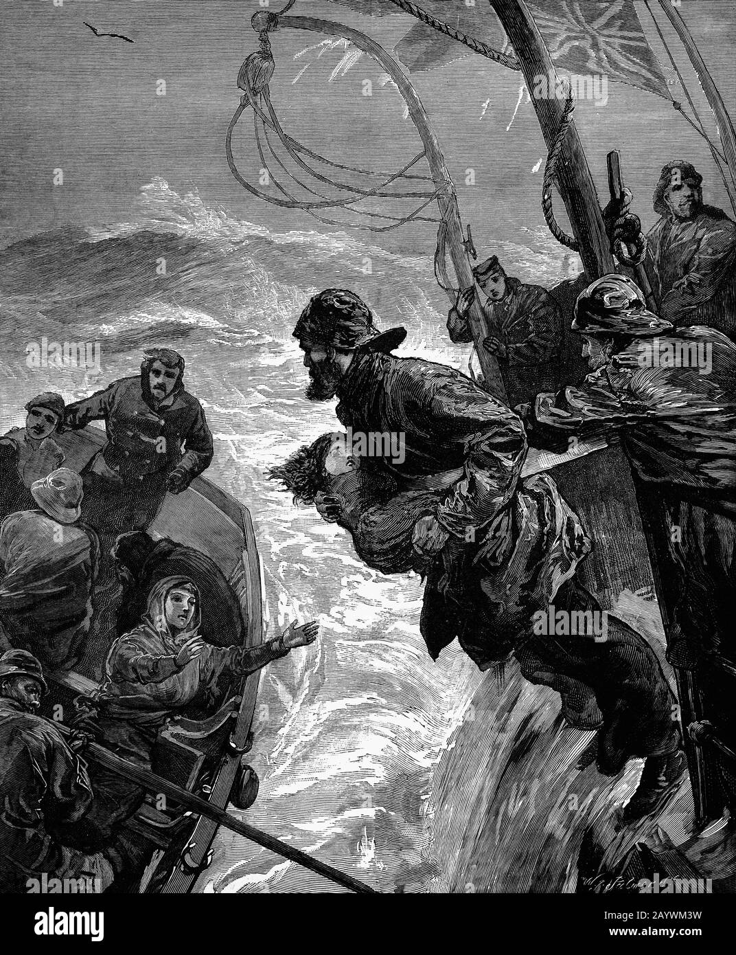 Un membre de l'équipage du Clan Macduff en route pour Bombay de Liverpool le mardi 18 octobre 1881, passe un enfant à sa mère dans un concert alors que le navire courut en difficulté quand le temps est devenu mauvais et elle a fait une fuite. Le lendemain, le capitaine a ordonné d'abandonner le navire; huit personnes ont été prises dans le gig, un couteau a suivi mais deux autres bateaux ont été écrasés par la mer, laissant seulement un qui pourrait tenir 30 avec 45 personnes sur le revêtement. Finalement 28, y compris le capitaine qui a sauté à bord, ont été pris de quitter le premier officier et 16 de l'équipage à bord qui ont fait des efforts désespérés à k Banque D'Images