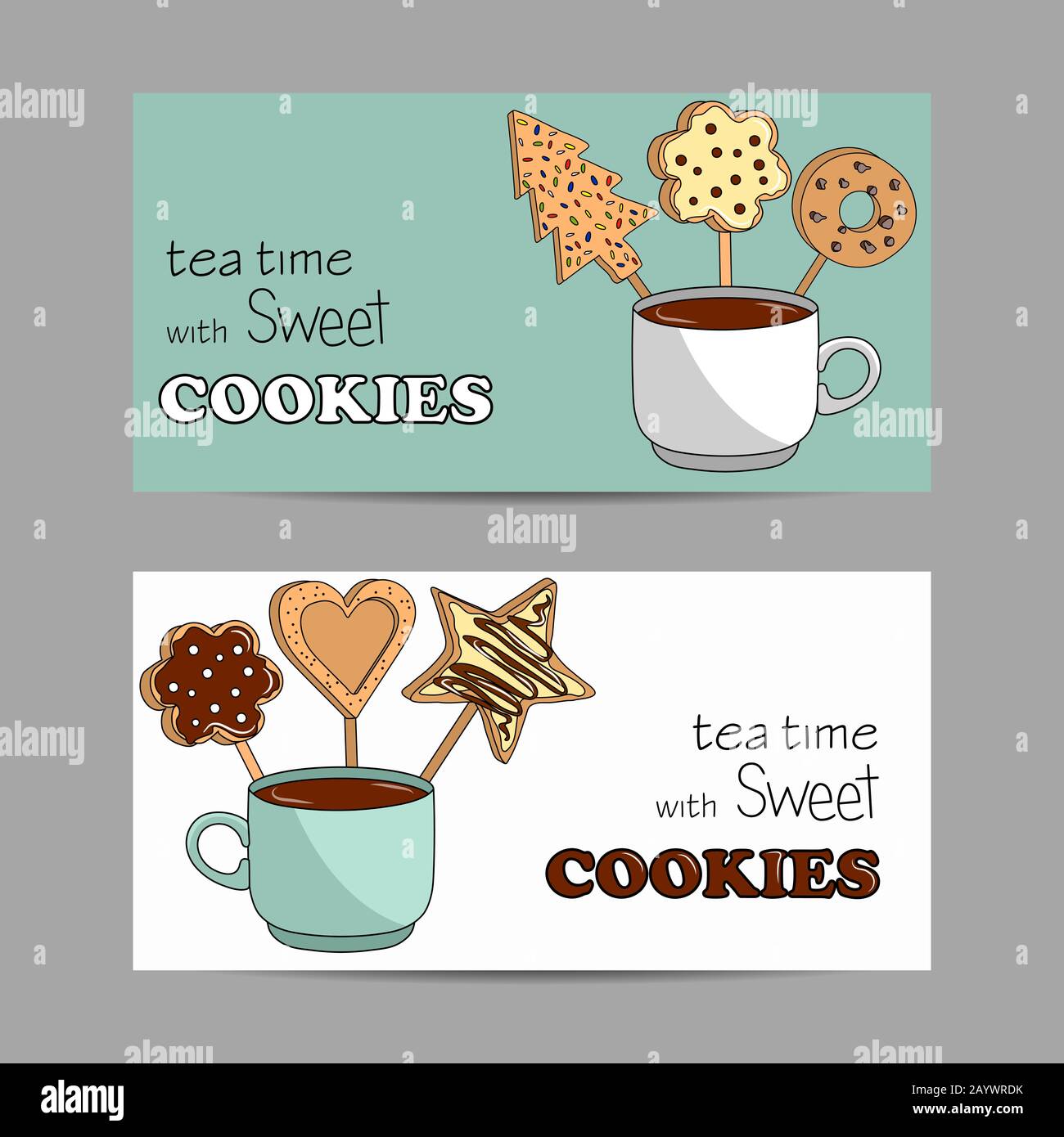 Jeu de bannières horizontales avec tasse de thé et différents types de cookies faits maison sur les bâtons en bois Illustration de Vecteur