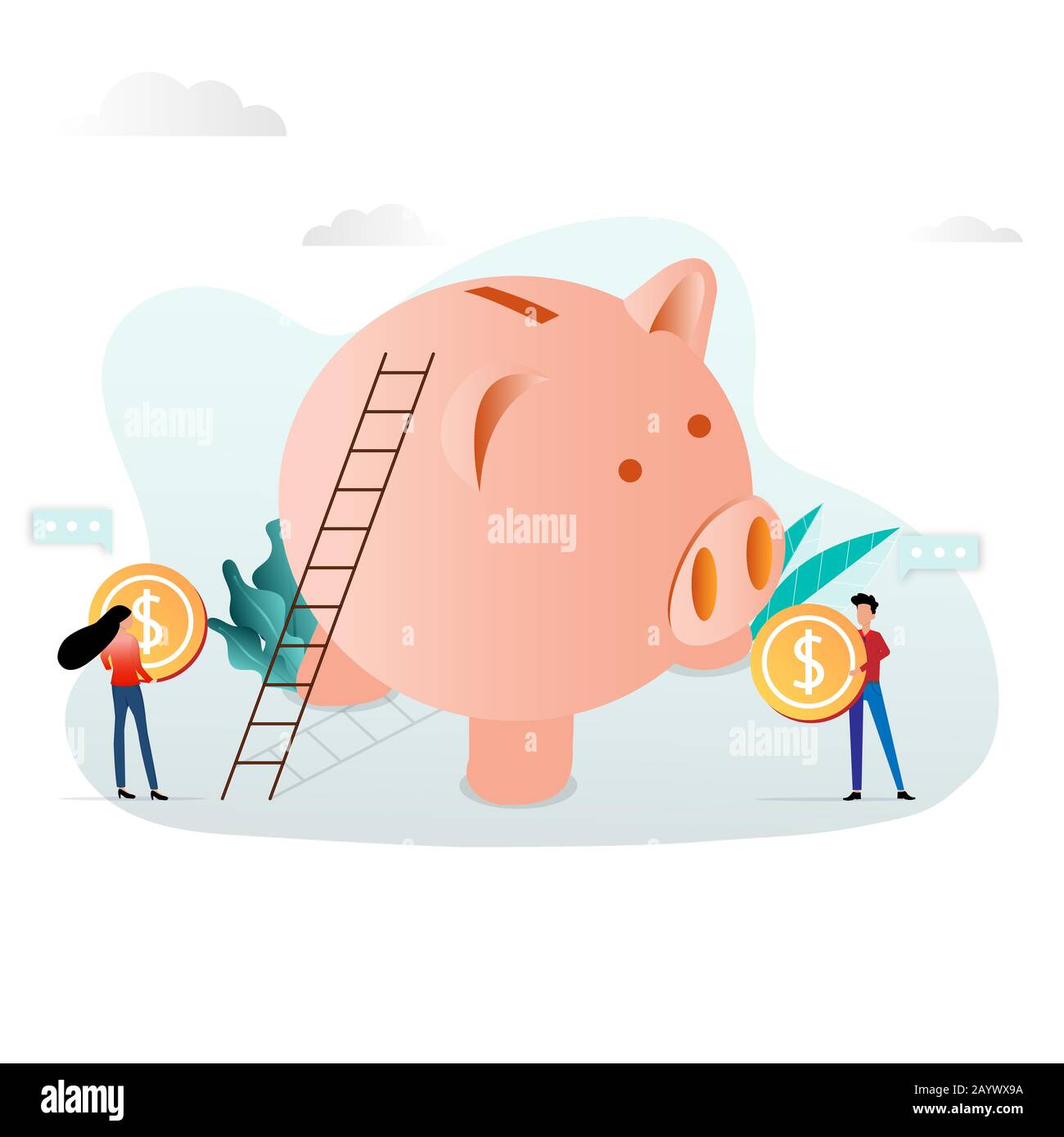 Concept d'épargne et de finance, homme d'affaires et femme vont monter l'échelle pour mettre une grosse pièce de monnaie dans une grande banque de porc rose. Illustration de Vecteur