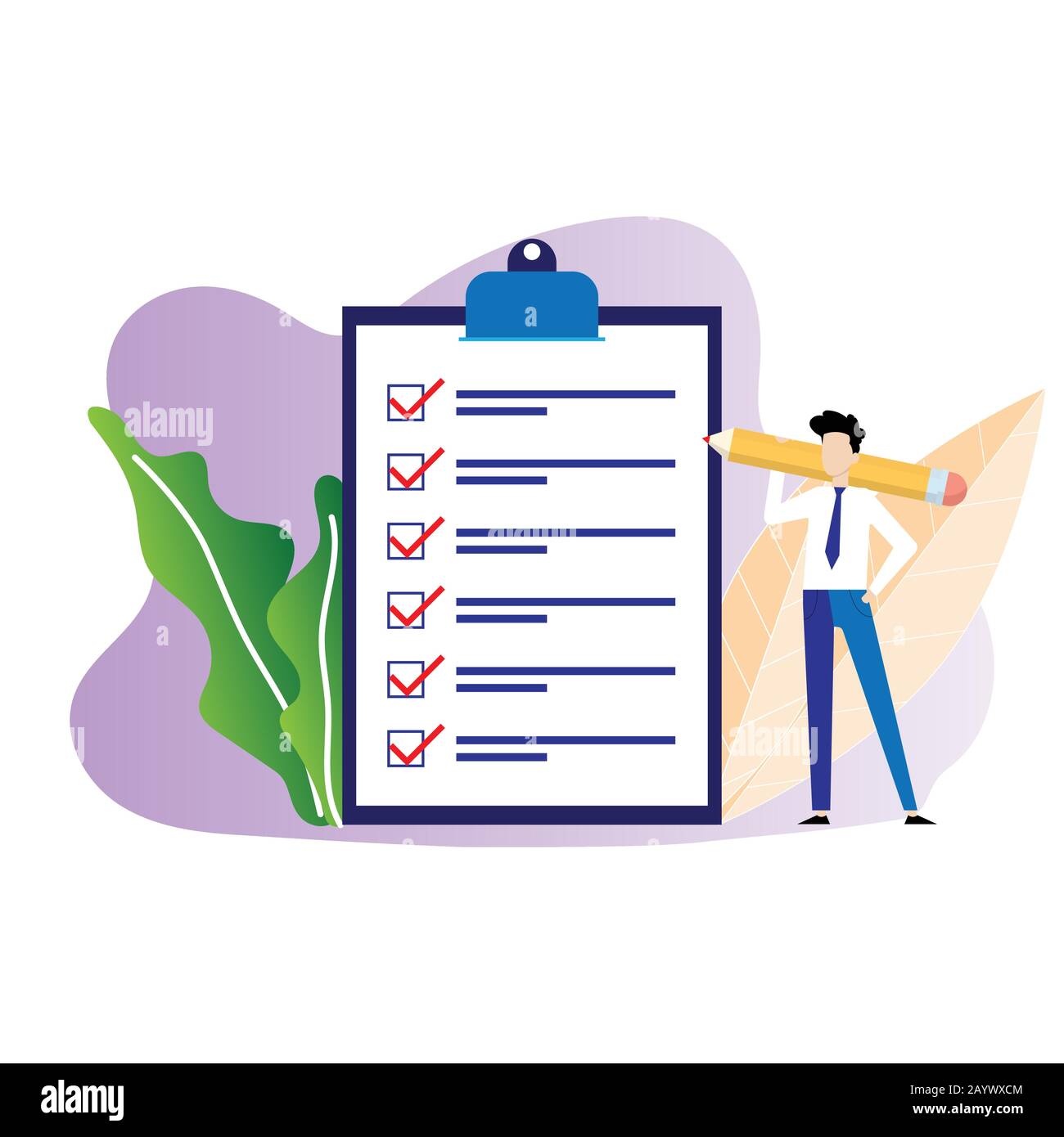 Concept d'organisation des affaires et réalisation de l'objectif, liste de vérification avec la coche les questionnaires. Illustration de Vecteur