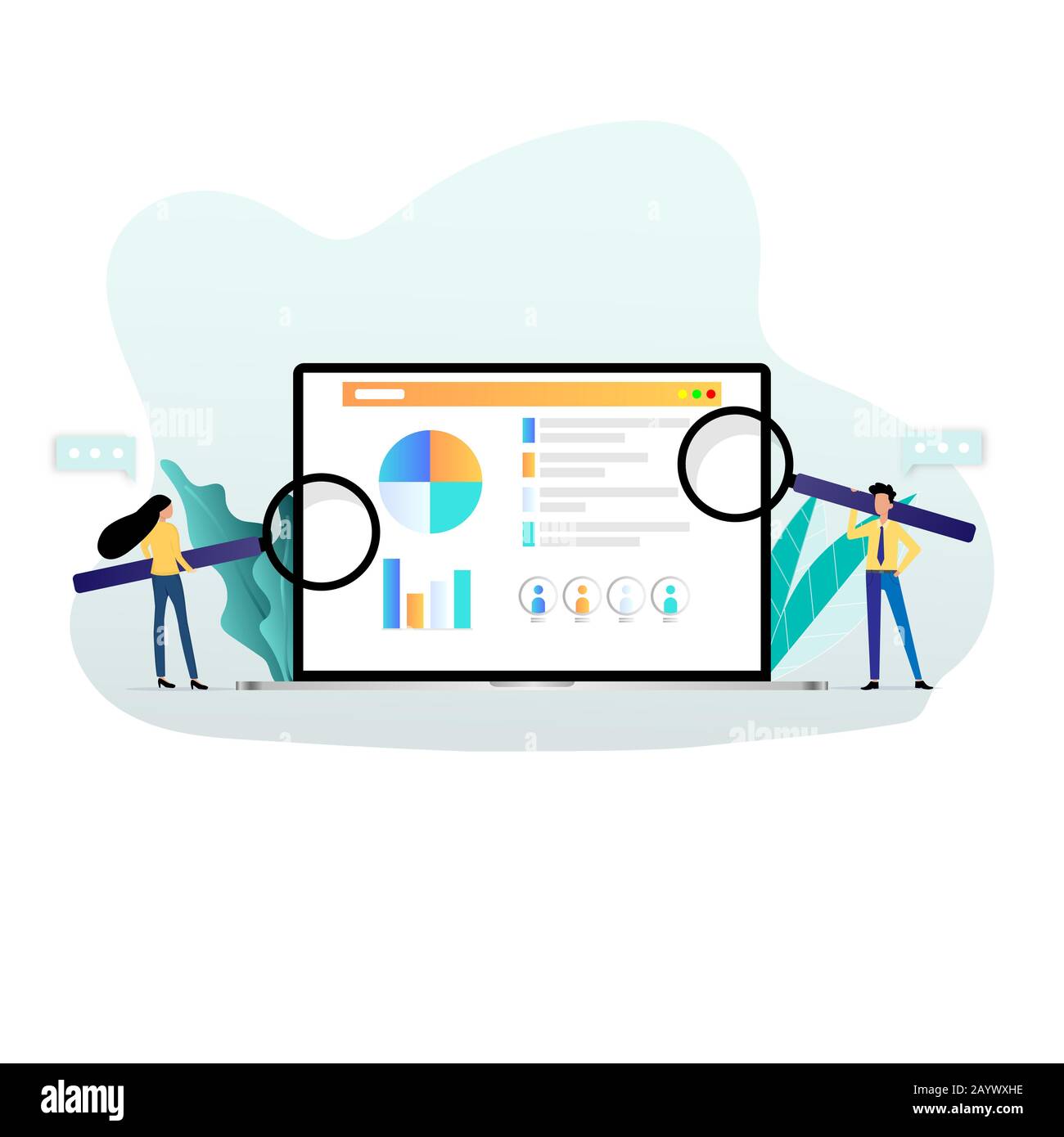 Human Resources concept, l'équipe du service RH travaille à analyser les données à l'écran de l'ordinateur portable en tenant une grande loupe à recruter . Illustration de Vecteur