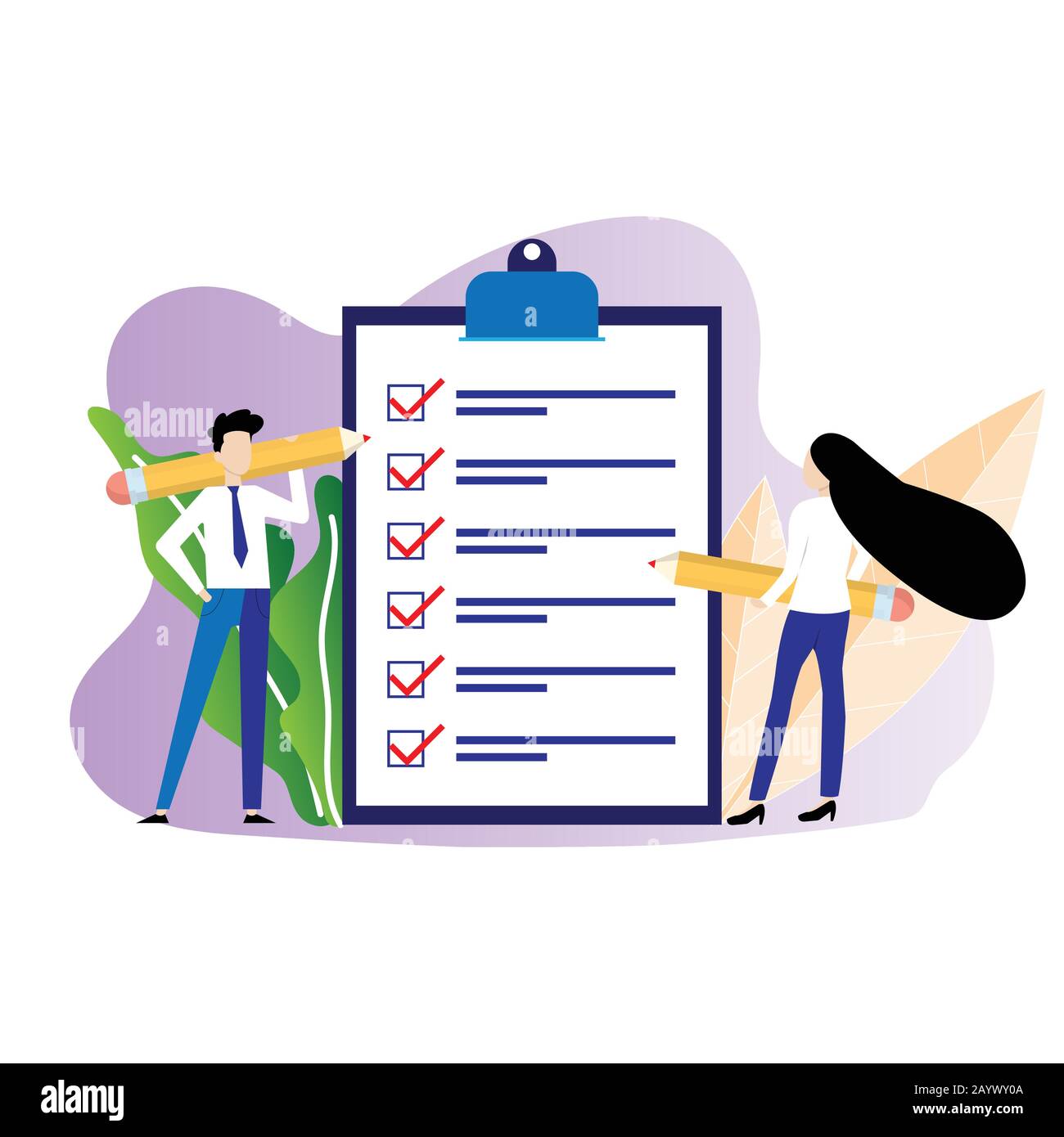 Concept d'organisation des affaires et réalisation de l'objectif, liste de vérification avec la coche les questionnaires. Illustration de Vecteur