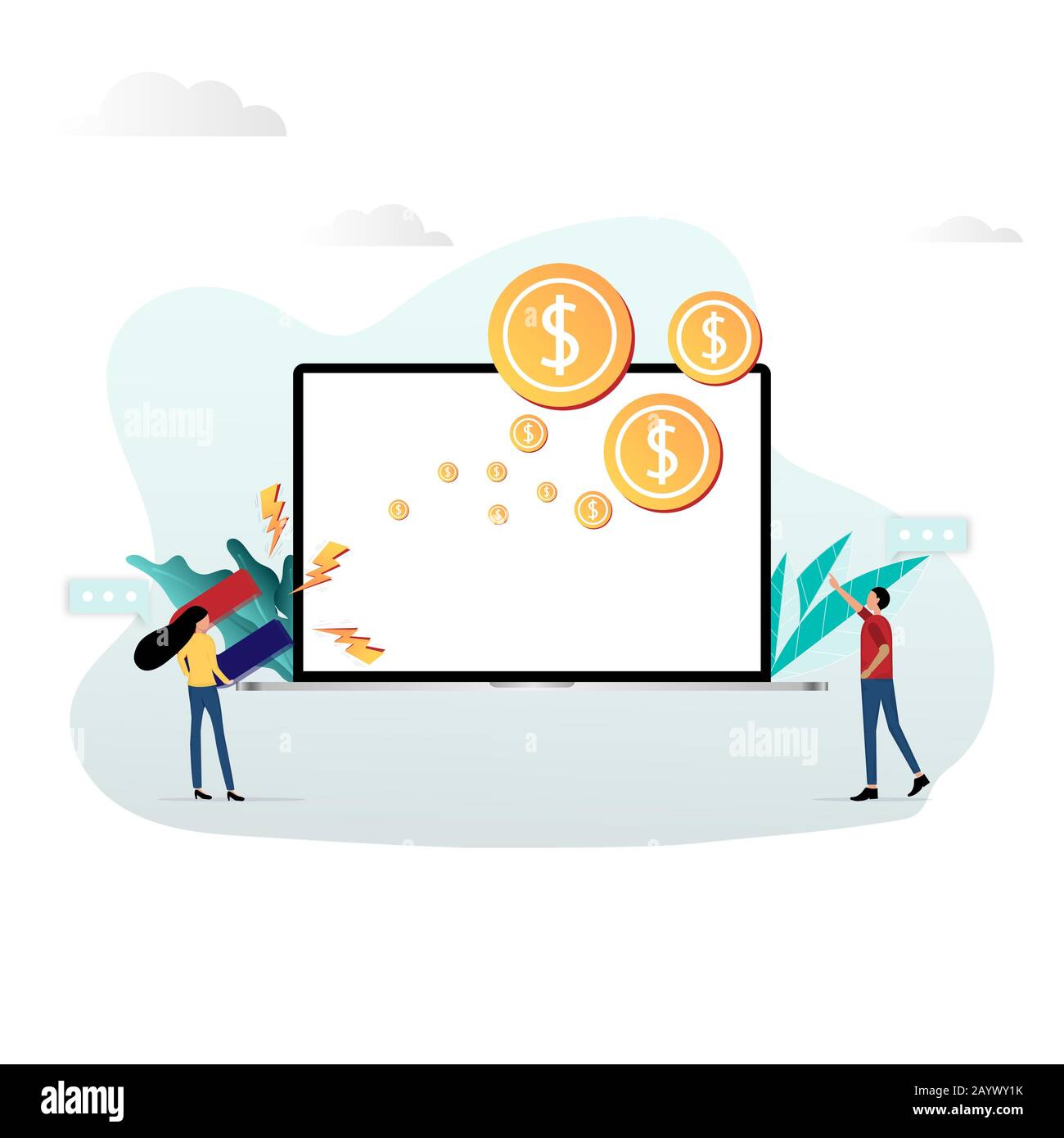 La femme d'affaires tient un grand aimant pour monétiser la pièce d'or de l'ordinateur portable en soutenant de l'homme d'affaires. Illustration de Vecteur