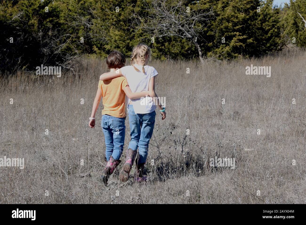 Jeunes soeurs avec des bras autour l'un de l'autre marchant dans un parc naturel vu de l'arrière Banque D'Images