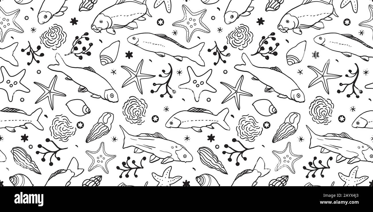 Sealife modèle d'art avec poisson, tarfish, algues et vagues. Motif plage d'été. Motif de répétition de surface. Illustration de Vecteur