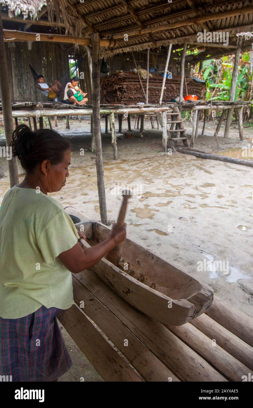 Une femme prépare du manioc dans une maison sur pilotis dans un village le long de la rivière Maranon dans le bassin de la rivière Amazone péruvienne près d'Iquitos. Banque D'Images