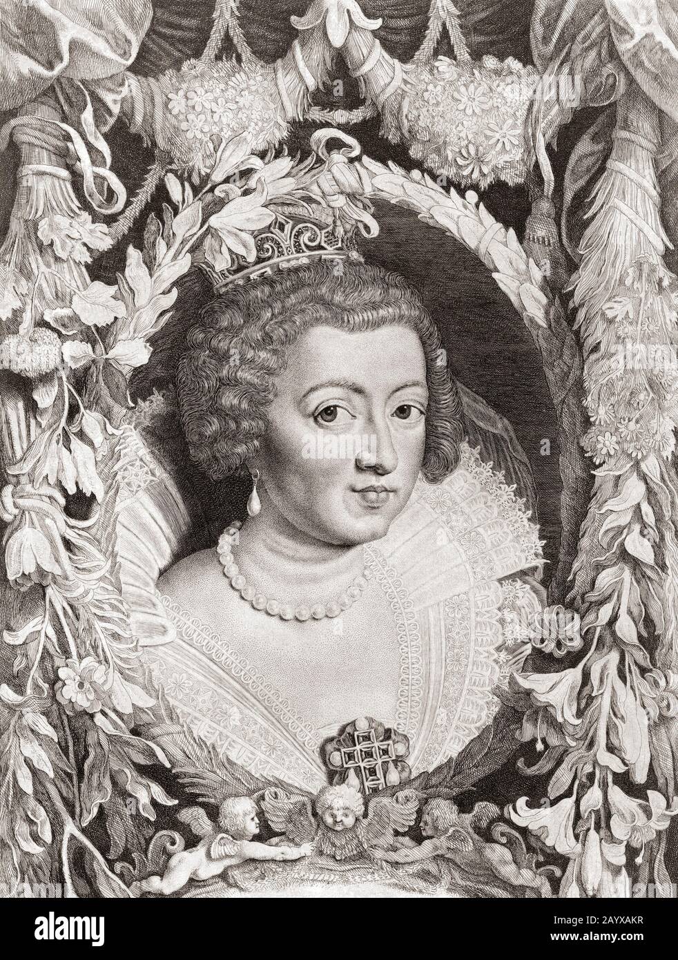 Anne d'Autriche, 1601 - 1666. Reine Consort de France et regent pour son fils Louis XIV de France. A partir d'une gravure du XVIIe siècle après une oeuvre de Peter Paul Rubens. Banque D'Images