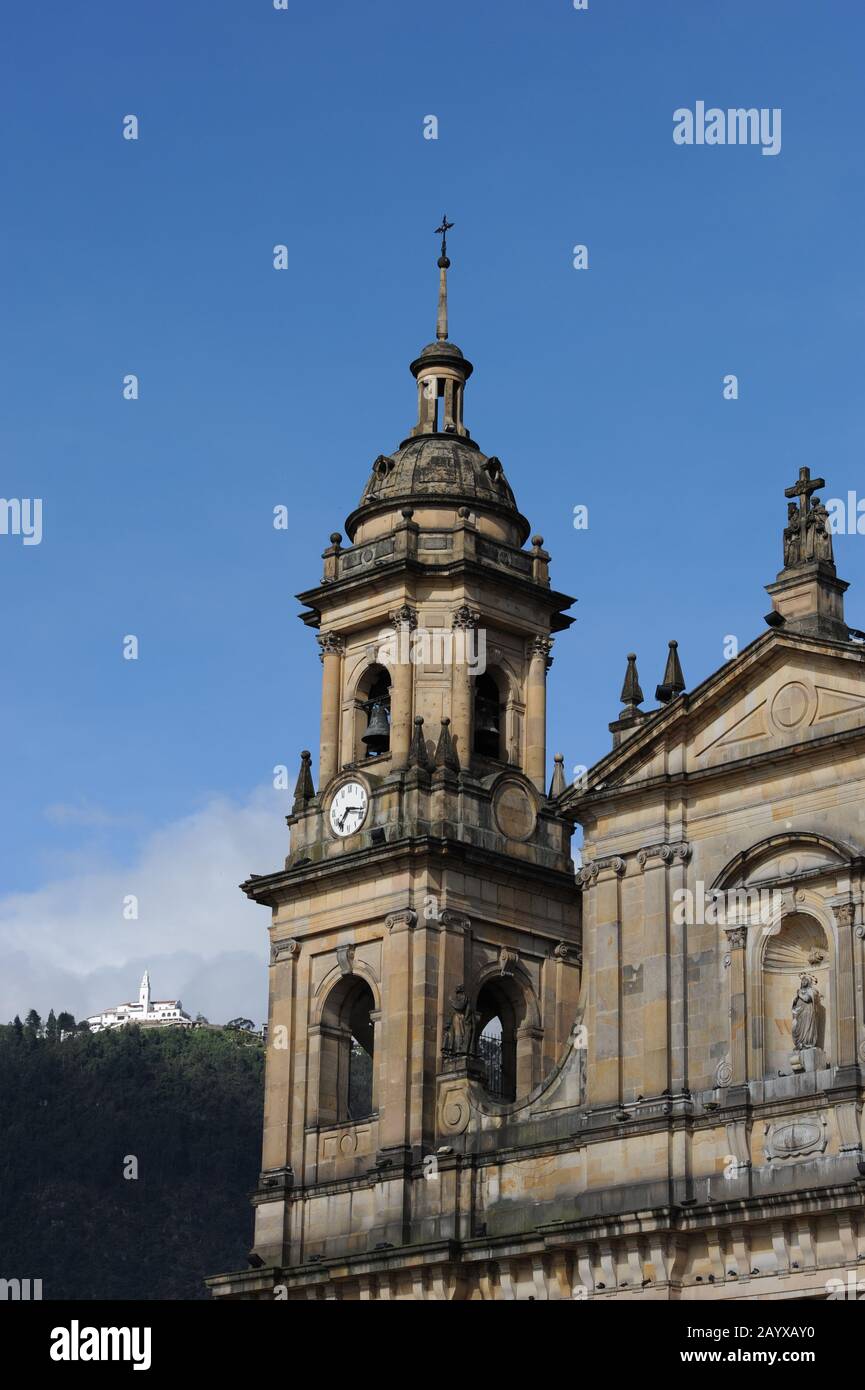 Détail de la cathédrale archibishopirique de Bogota sur la Plaza de Bolivar à la Candelaria, la vieille ville de Bogota, Colombie. Banque D'Images