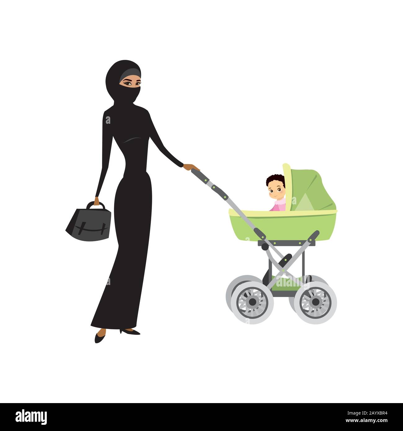 jeune femme arabe en hijab avec un bébé et un bébé, isolée sur fond blanc, illustration vectorielle de dessin animé Illustration de Vecteur