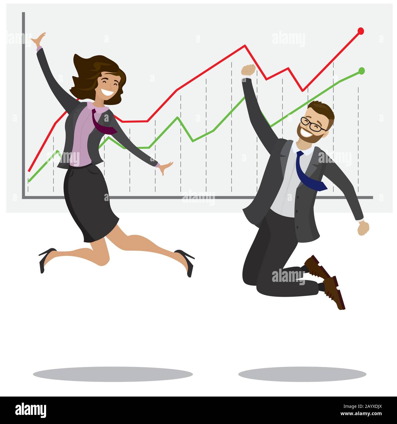 Deux hommes d'affaires heureux de sauter, graphique de croissance, isolé sur fond blanc, illustration de vecteur de dessin animé Illustration de Vecteur