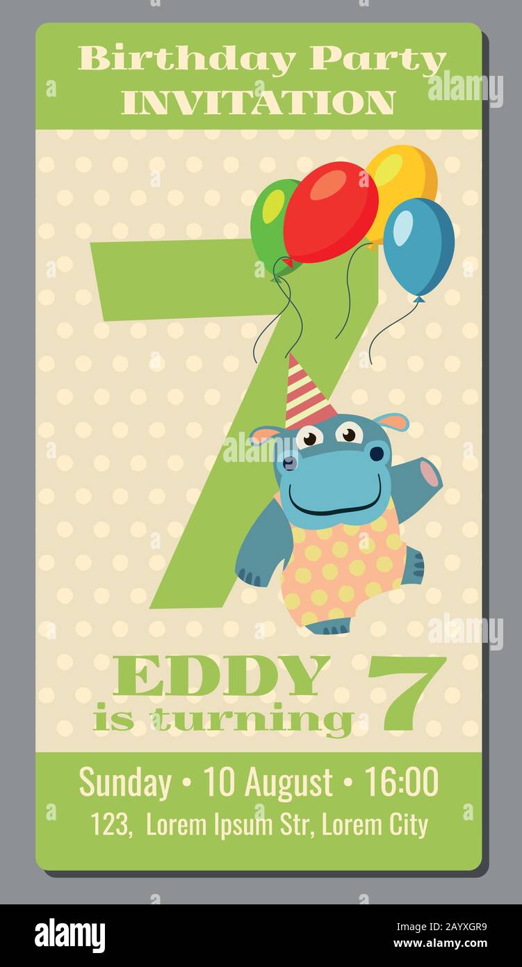 Billet d'invitation pour anniversaire avec modèle vectoriel Hippo mignonne de 7 ans. Carte avec l'illustration des ballons d'animaux et d'air heureux Illustration de Vecteur
