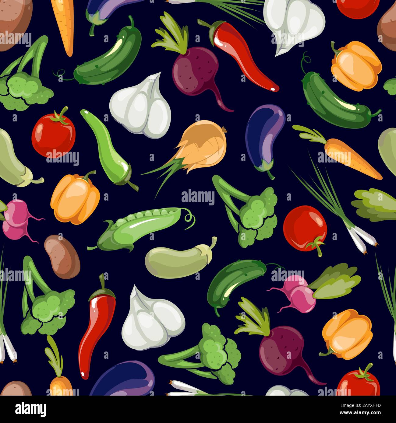 Les légumes assortis sont des motifs vectoriels sans couture sur fond noir. Modèle avec légumes de couleur et illustration de légumes de récolte Illustration de Vecteur