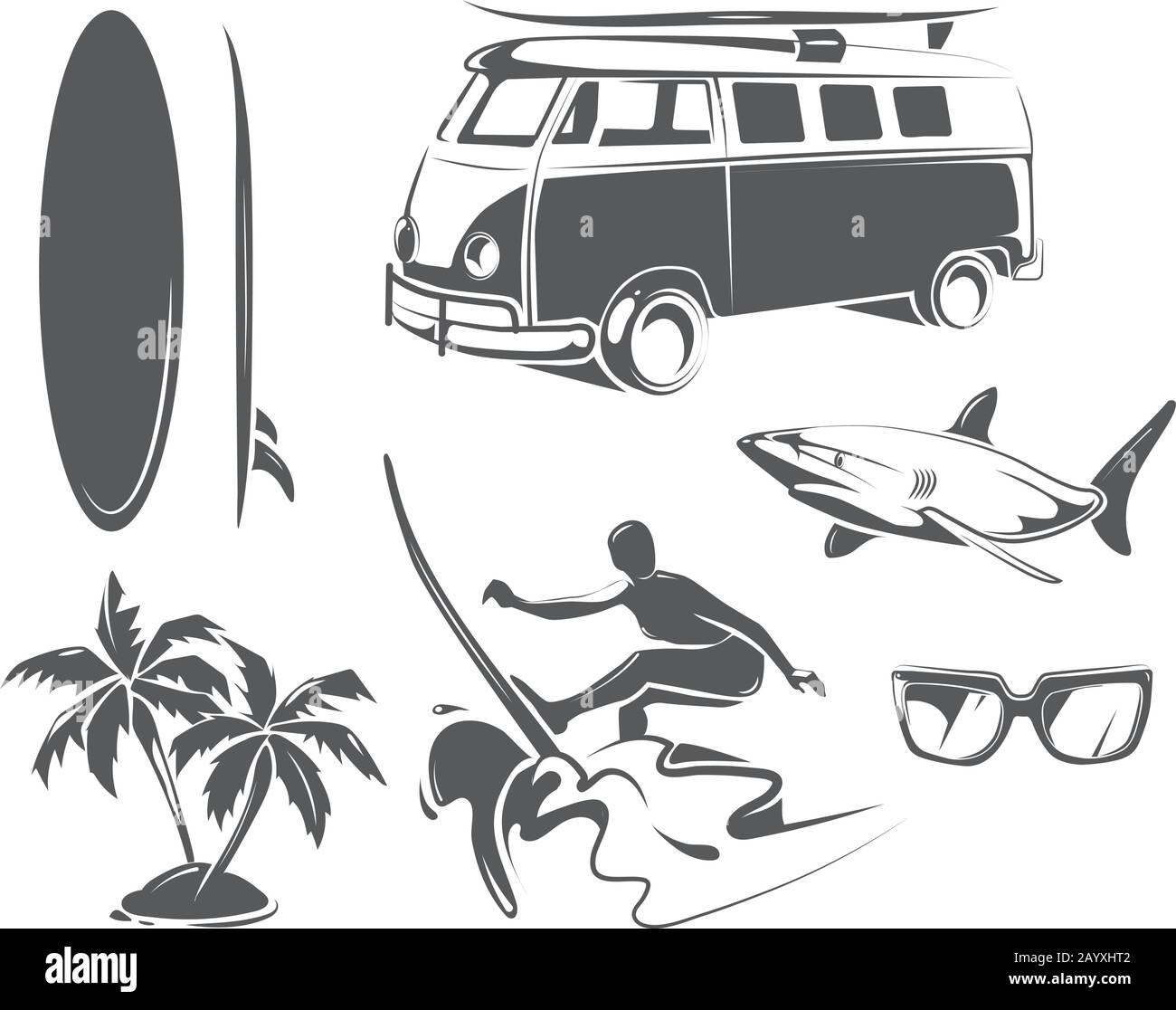 Éléments vectoriels pour le surf d'été. Surf sur la plage en été et éléments noirs de surf tropical Illustration de Vecteur