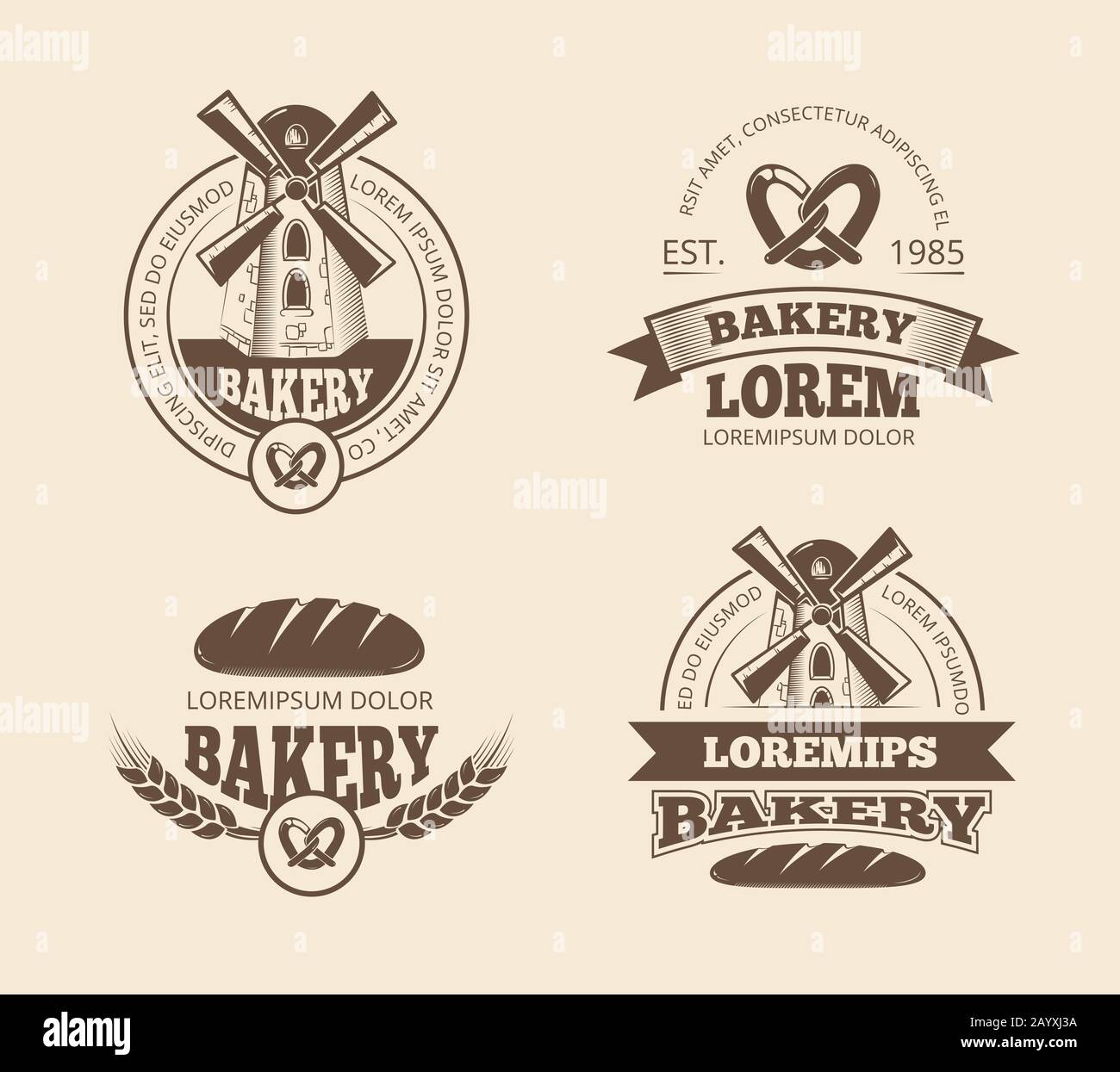 Les logos rétro de boulangerie ancienne marque les emblèmes des insignes. Badge et autocollant pour pain de boulangerie, illustration de l'étiquette de pain de produit Illustration de Vecteur
