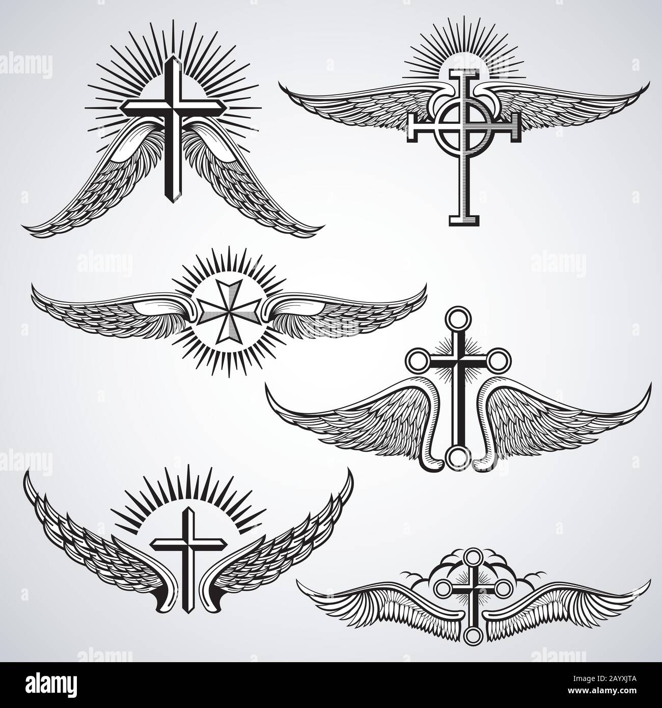 Vintage croix et ailes tatouage éléments vectoriels. Tatouage vintage avec aile, tatouage d'illustration avec croix Illustration de Vecteur