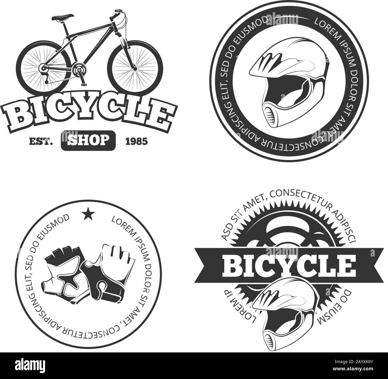 Vélo, étiquettes vectorielles vintage pour vélo, emblèmes, logos, badges. Boutique de logos de bicyclettes et atelier de réparation d'époque pour l'illustration de bicyclettes Illustration de Vecteur