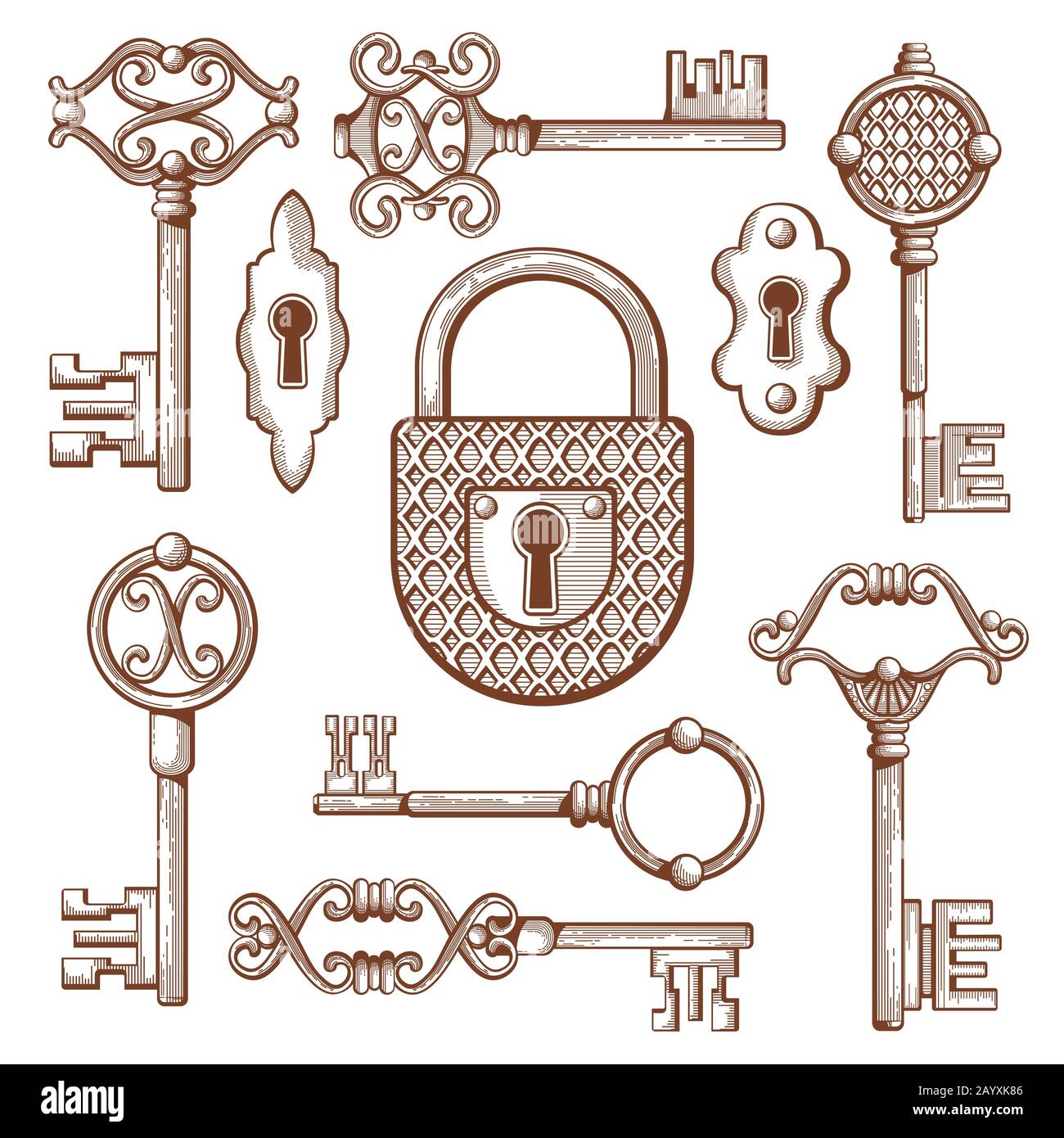 Touches, cadenas et cadenas anciens tracés à la main. Keyhole et secret, divers éléments classiques, illustration vectorielle Illustration de Vecteur