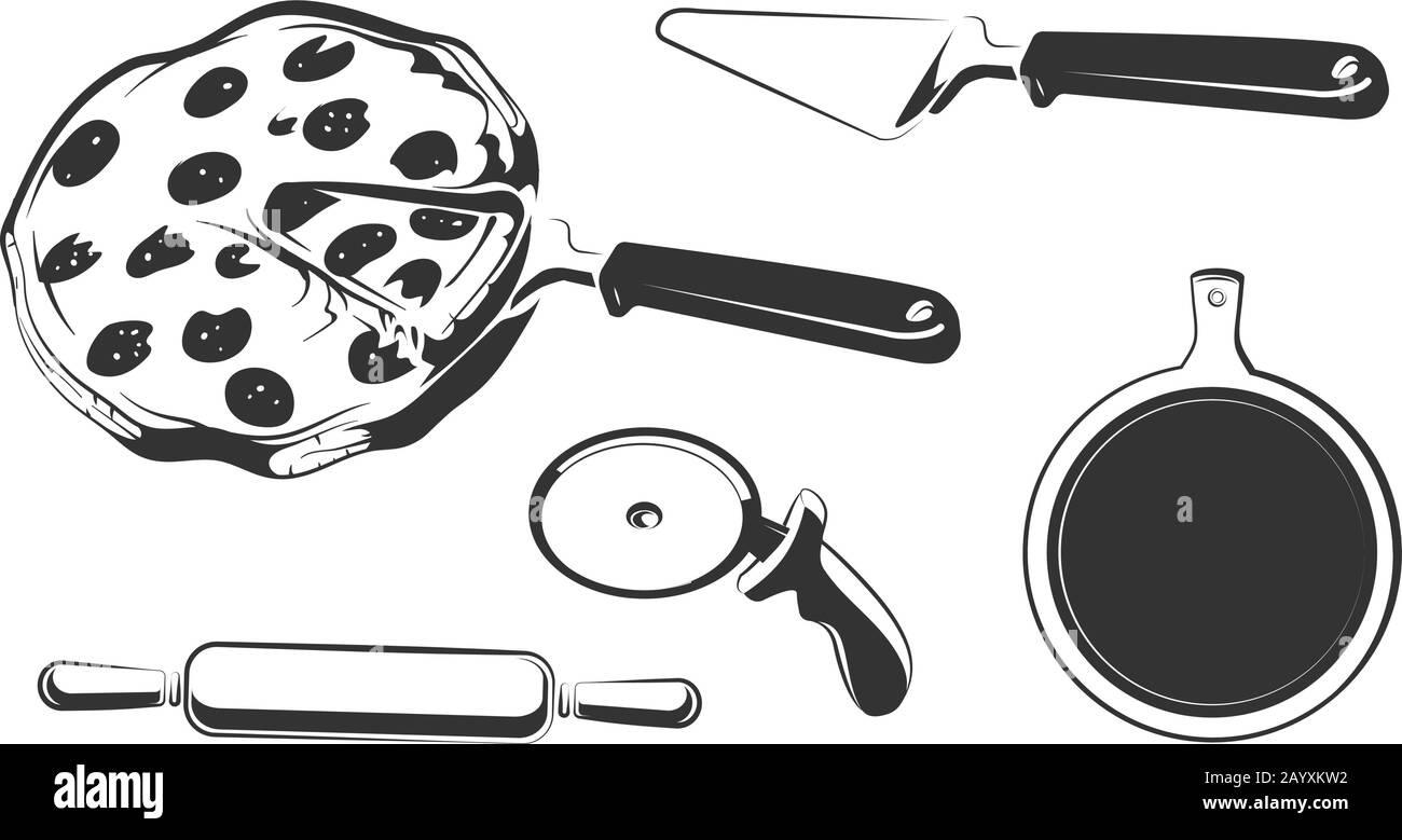 Éléments vectoriels pour étiquettes vectorielles de pizza anciennes, logos, badges, emblèmes. Pizza pour restaurant logo, illustration de la pizza italienne vintage Illustration de Vecteur