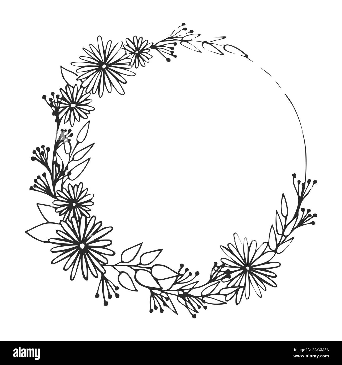 Cadre fleuri. Fleur de printemps. Illustration dessinée à la main linéaire vectorielle. Fleurs en cercle. Gribouille noire et blanche Illustration de Vecteur