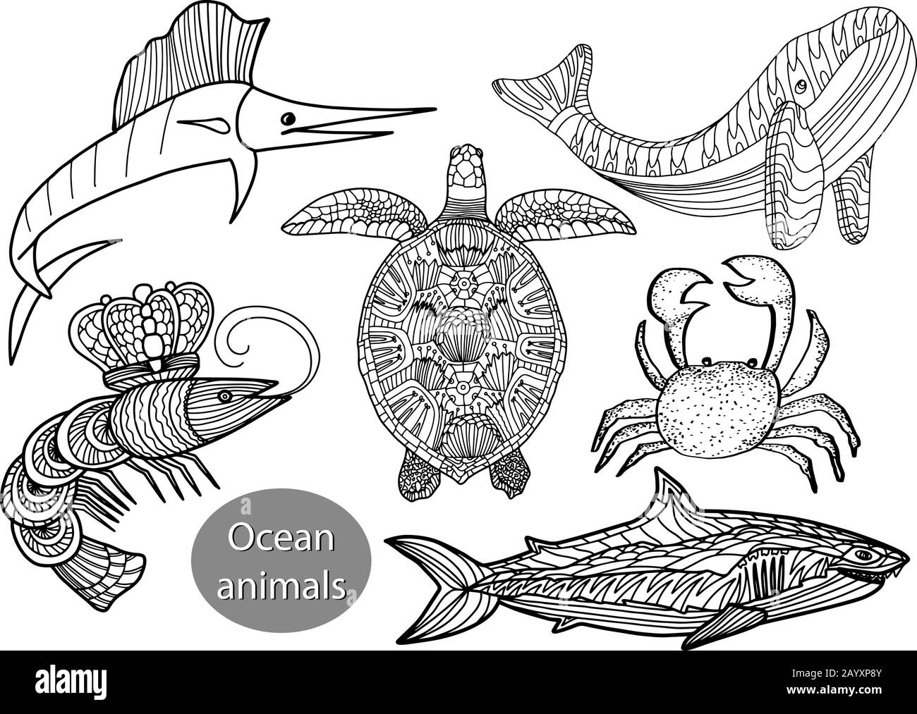Ensemble avec des animaux de l'océan dans le style des gribouillis isolé sur fond blanc. Illustration vectorielle.poisson Marlin,tortue, crevette,requin,baleine,crabe. Illustration de Vecteur