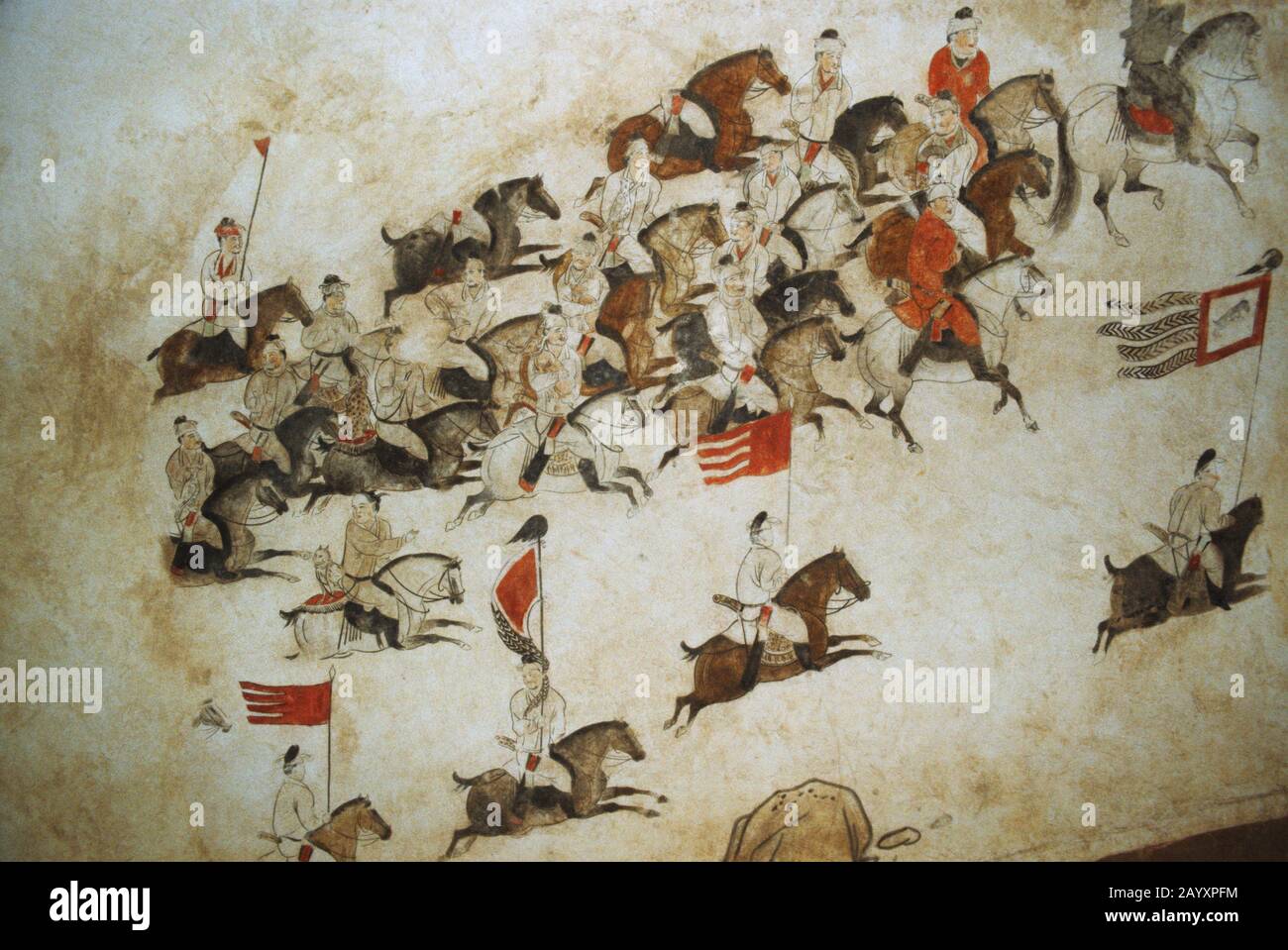 Des peintures murales qui pirent des soldats à cheval sur le mur du mausolée de Qianling, un site tombeau de la dynastie Tang (618–907) situé dans le comté de Qian, Shaanxi Proligi Banque D'Images