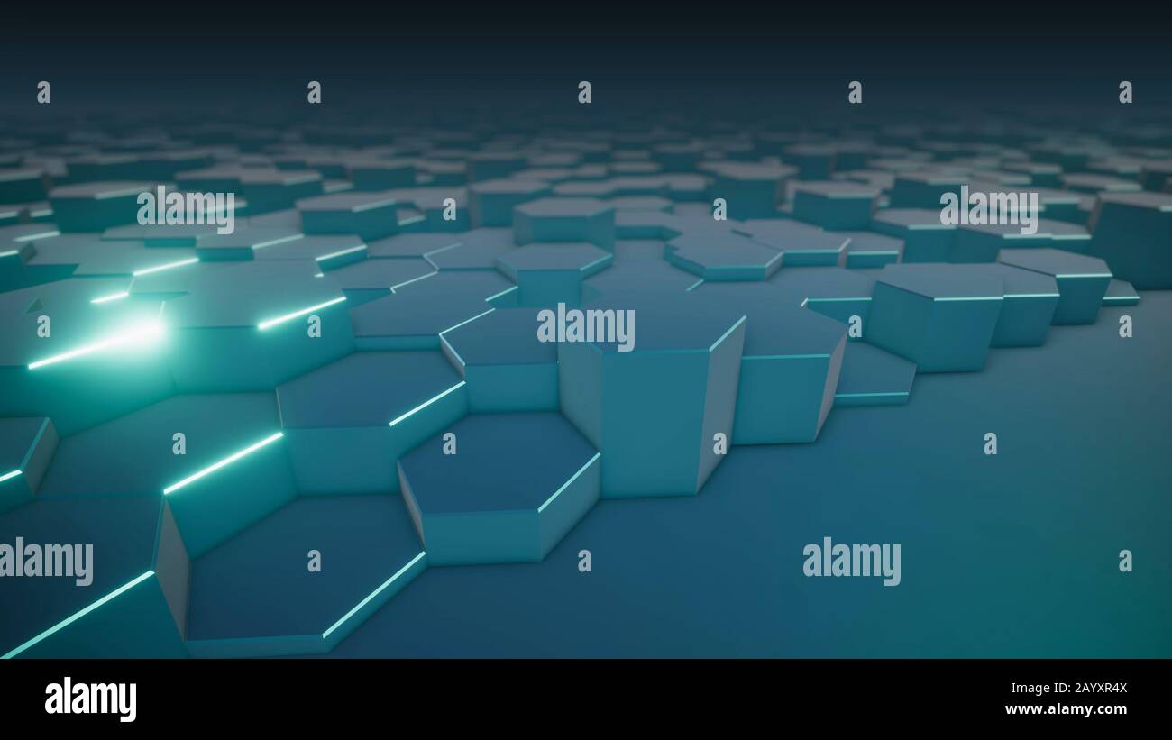 Rendu tridimensionnel de surfaces géométriques hexagonales abstraites dans l'espace virtuel. Formes géométriques placées de manière aléatoire. Paroi polyédrique des hexagones Banque D'Images