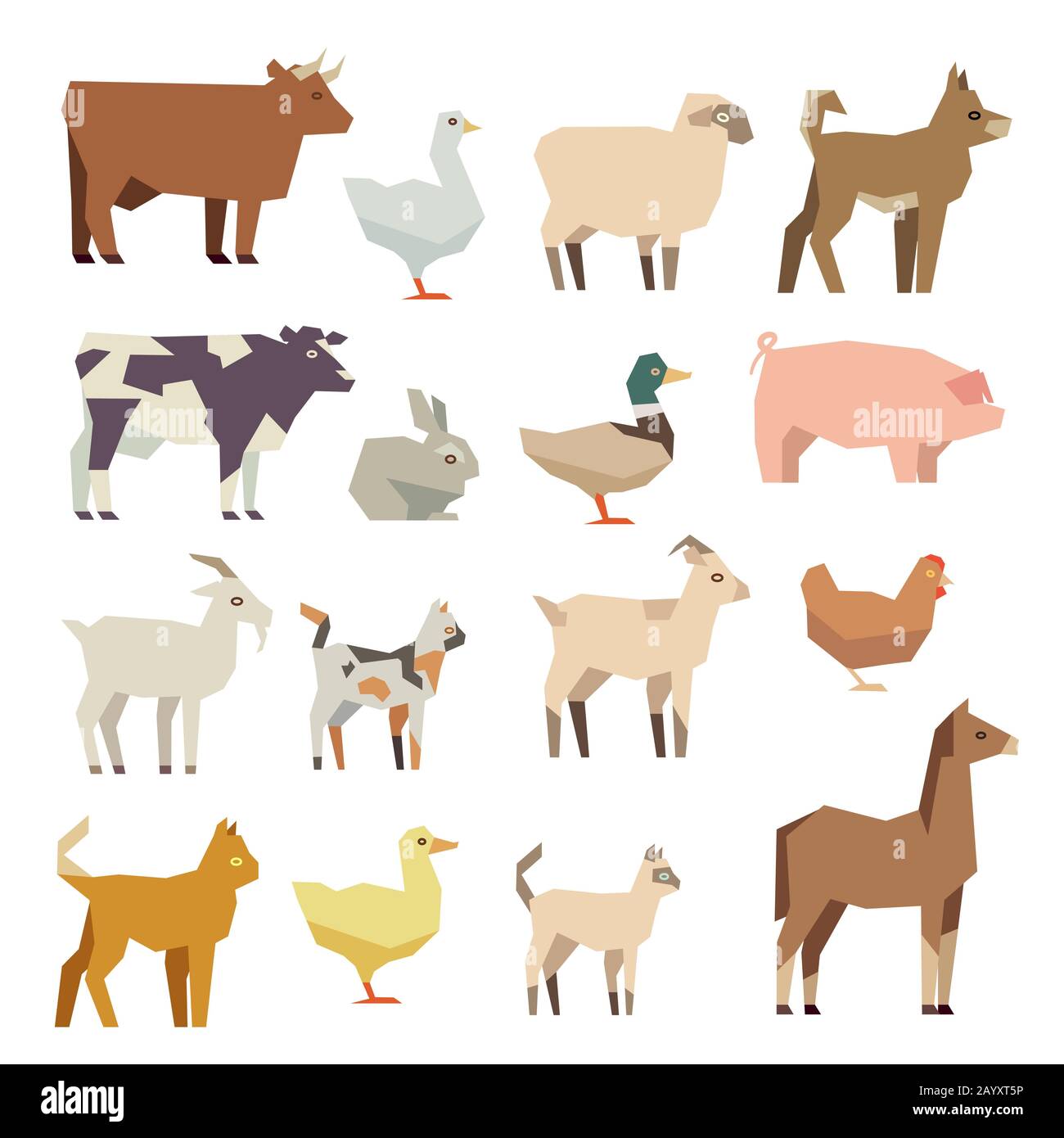 Jeux d'icônes plates vectorielles pour animaux de compagnie et animaux de ferme. Poule et bétail polygonaux, agneau et canard, illustration représentant un animal de ferme coloré Illustration de Vecteur
