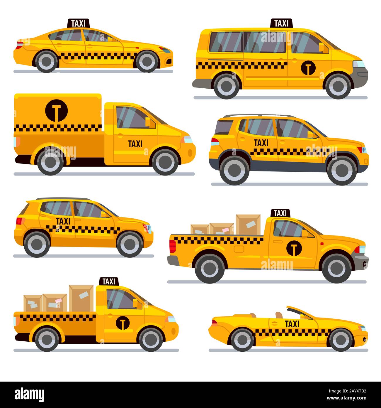 Différents types de taxi collection de vecteur plat. Taxi automobile pour passagers, ramassage de taxi d'illustration pour les colis de transport Illustration de Vecteur