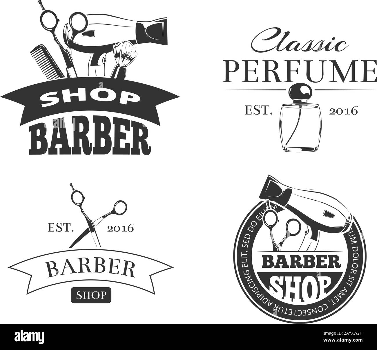 Ensemble logo ou emblème vectoriel du salon de coiffure rétro. Barbershop étiquettes anciennes avec éléments de conception typographique Illustration de Vecteur
