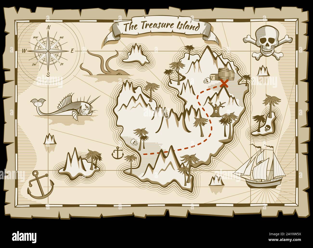 Carte vectorielle dessinée à la main du pirate de Trésor Pirate carte avec bateau et navigation