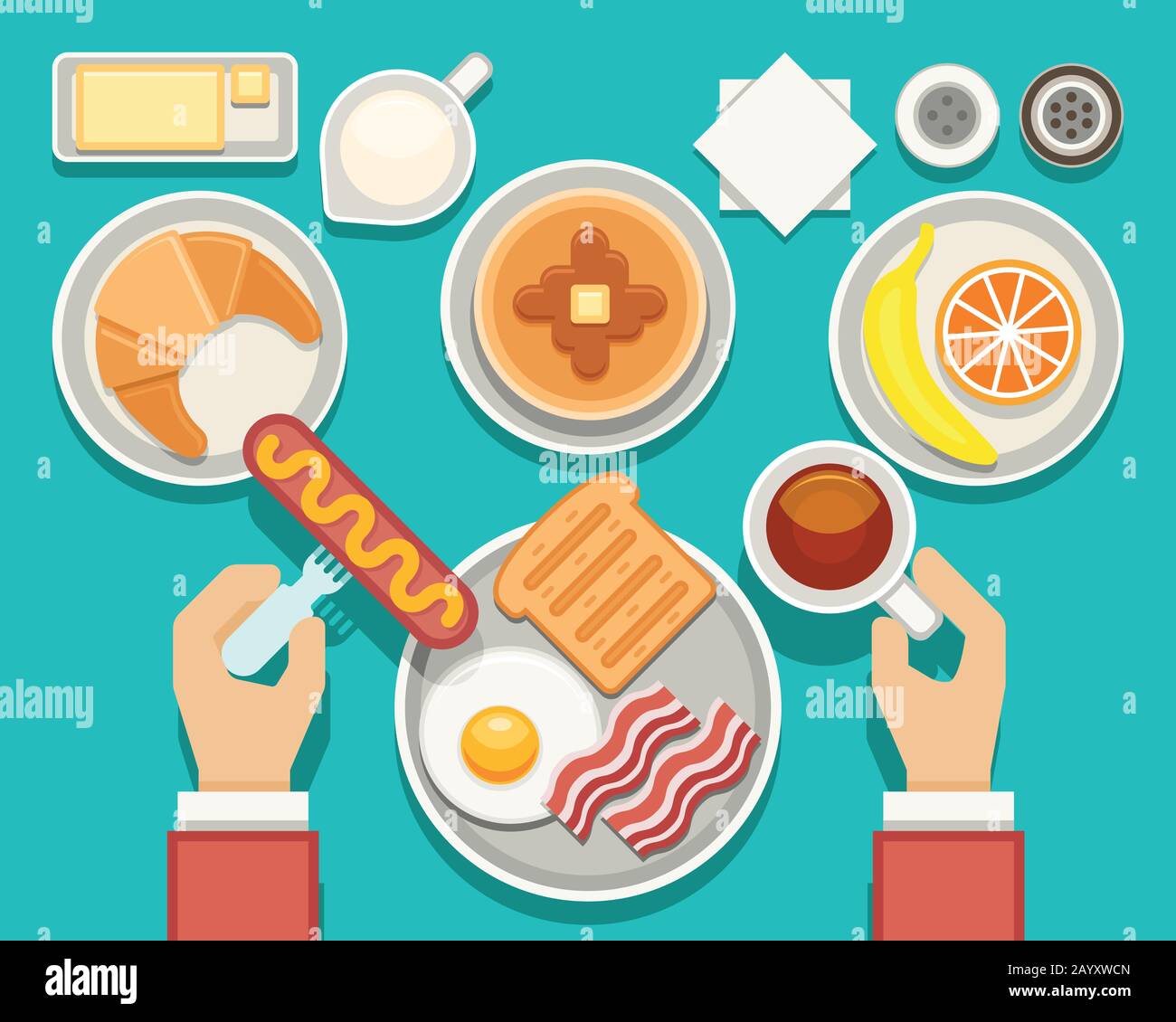 Concept vectoriel du petit déjeuner avec vue sur la cuisine fraîche et les boissons. Composition bacon et collation fraîche, illustration de la série de plats du petit déjeuner Illustration de Vecteur