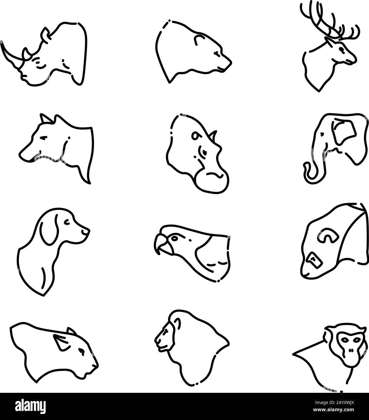 Têtes d'animaux vectorielles fines lignes plates icônes. Ensemble d'ours et de lion de cerf. Illustration animaux à tête linéaire Illustration de Vecteur
