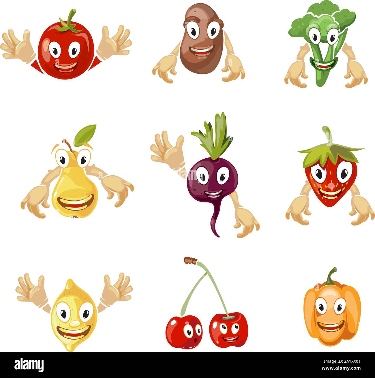 Mignonne collection de légumes de dessin animé et de fruits vectoriels dans le style comique. Comics de fruits et dessin animé de légumes, fruits et légumes sucrés avec illustration du visage Illustration de Vecteur