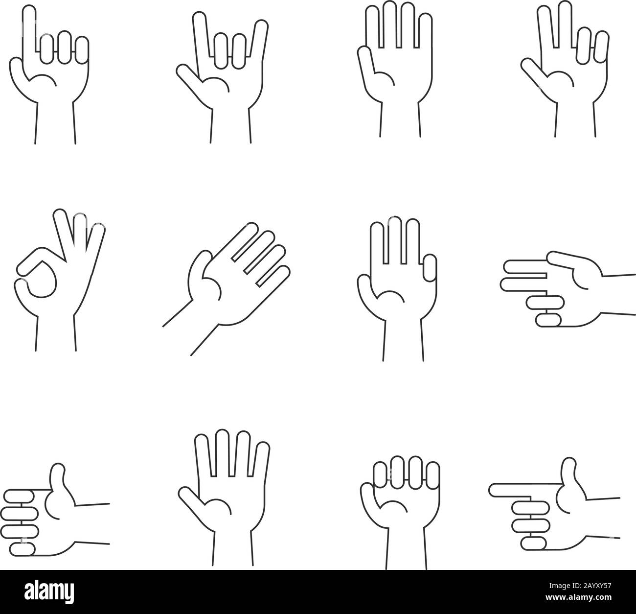 Ensemble d'icônes de vecteur de ligne de mains. Geste des mains humaines et pointeur d'illustration et main de direction Illustration de Vecteur