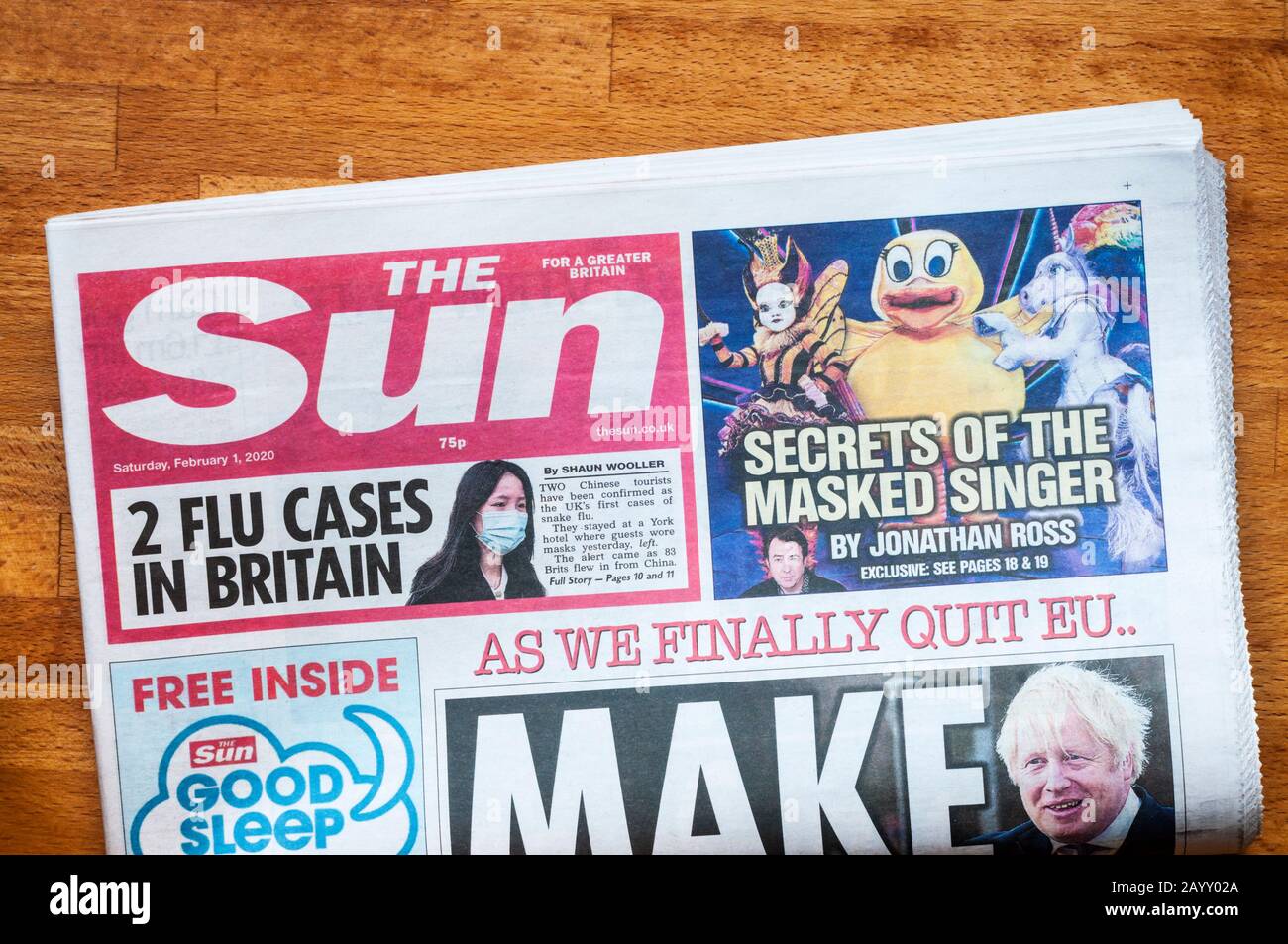 La première page et le générique du Sun, un journal britannique redtop tabloïd. Banque D'Images