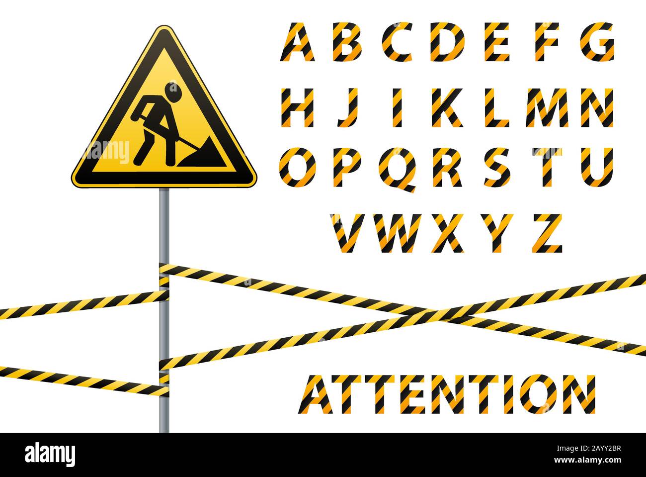 Alphabet vectoriel. Jeu de lettres rayées sous forme de ruban de protection. Réparation de la conception des risques de construction. Illustration vectorielle. Illustration de Vecteur