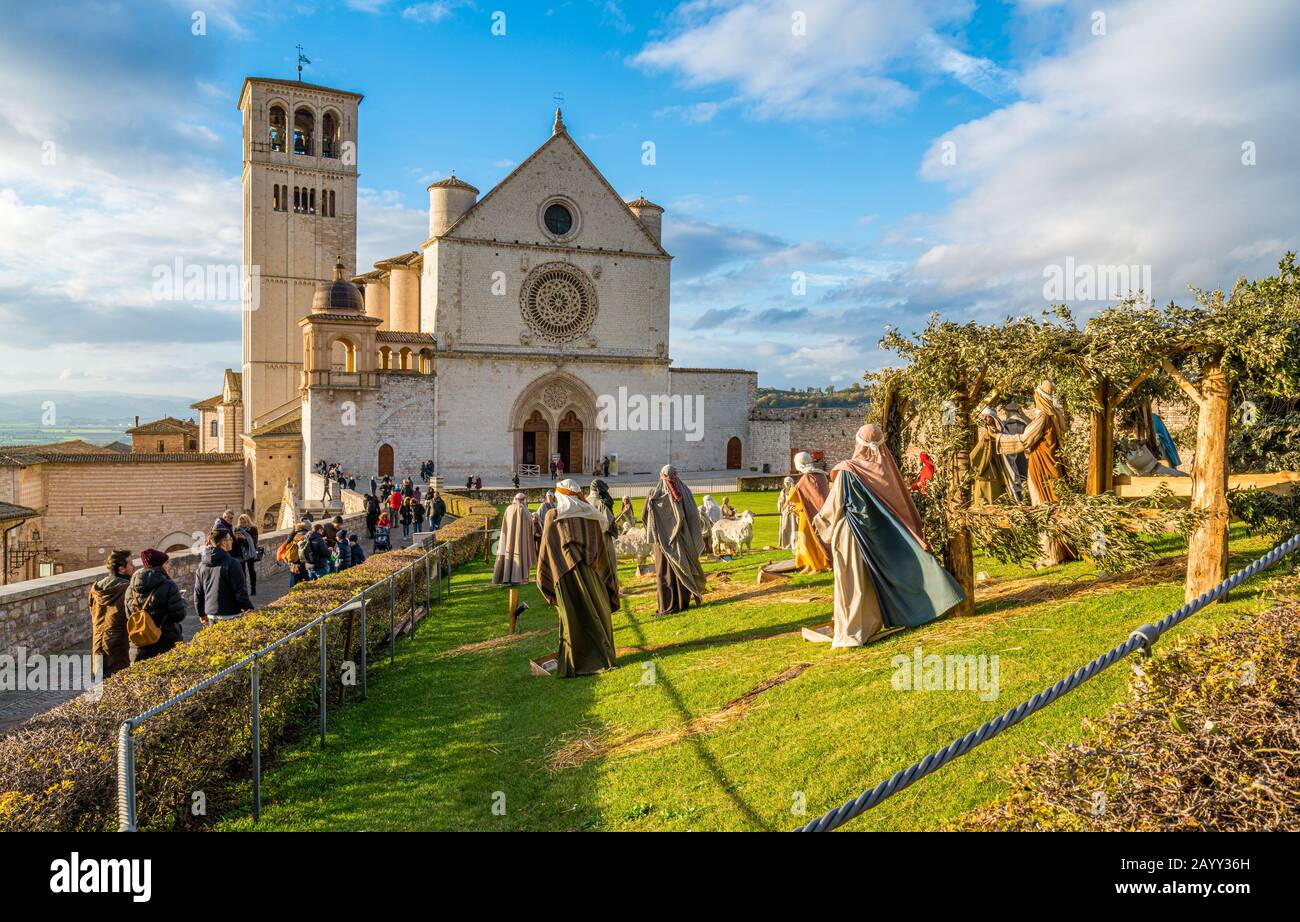 Noël à Assise, basilique Saint François avec lit de Noël. Province De Pérouse, Ombrie, Italie. Banque D'Images