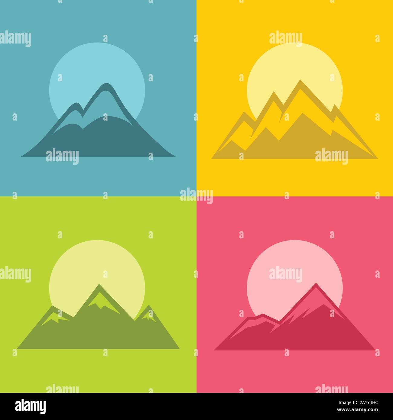Icônes plates de montagne avec soleil isolé sur fond de couleur. Logo pour le tourisme et les vacances, illustration vectorielle Illustration de Vecteur