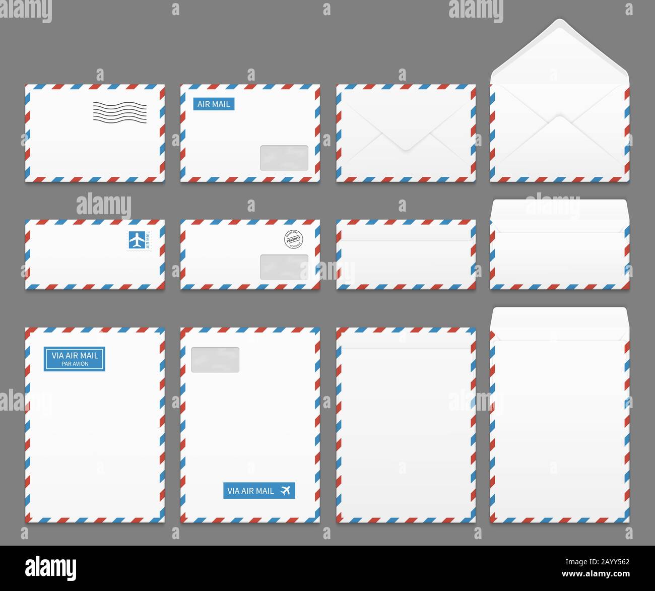 Papier courrier électronique enveloppes vectorielles. Enveloppe vierge pour courrier aérien, illustration des enveloppes de correspondance Illustration de Vecteur