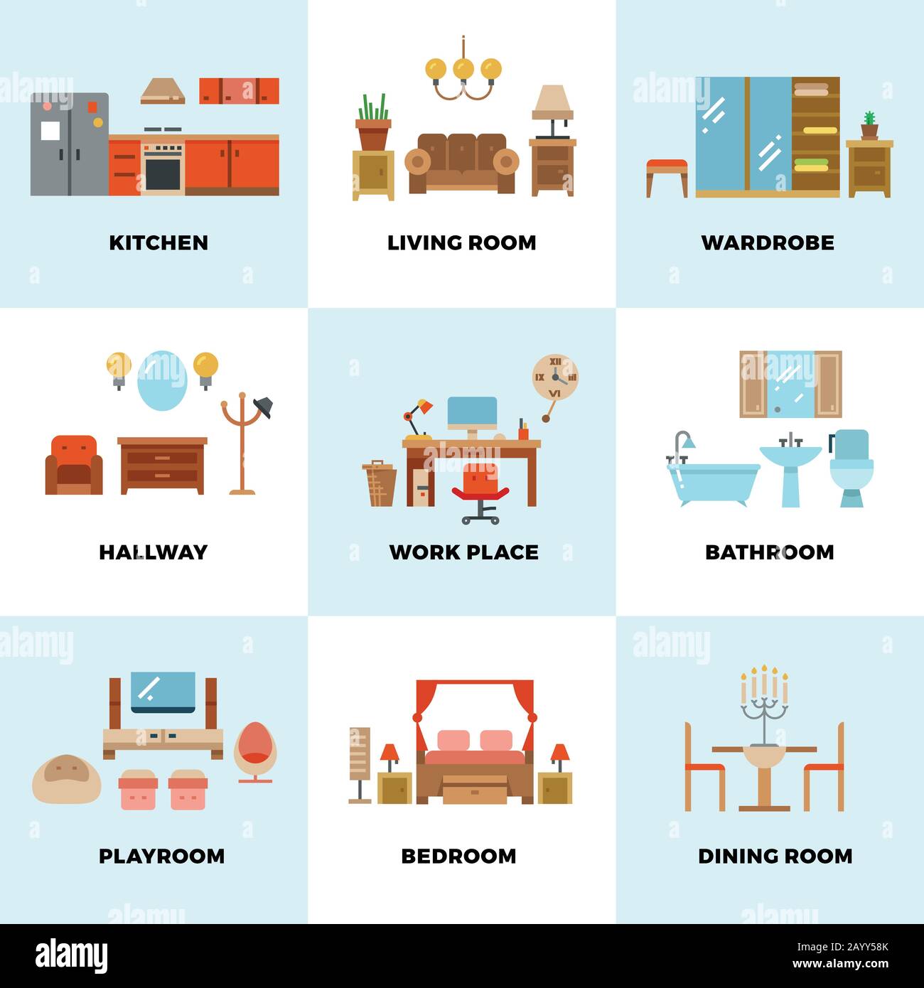 Séjour, chambre, cuisine, enfants, salle de bain, salle à manger, espace de travail, couloir plat icônes vectorielles. Chambres design intérieur. Meubles pour armoire ou salle à manger. Illustration de l'icône de l'ensemble de chambres de la maison Illustration de Vecteur