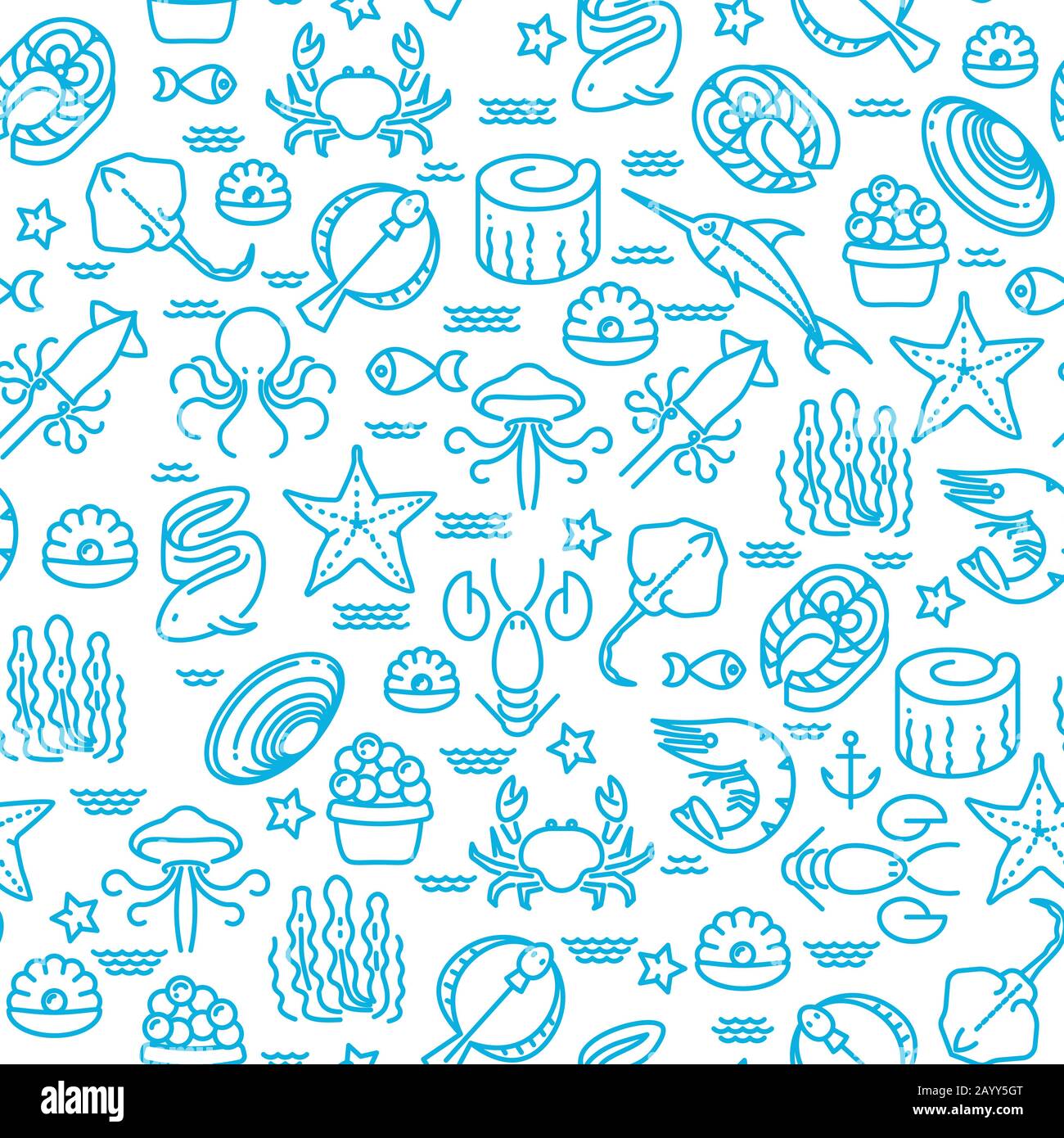 Contours de fruits de mer, sushi sans couture vectoriel modèle. Fond marin avec illustration de poissons et d'algues Illustration de Vecteur