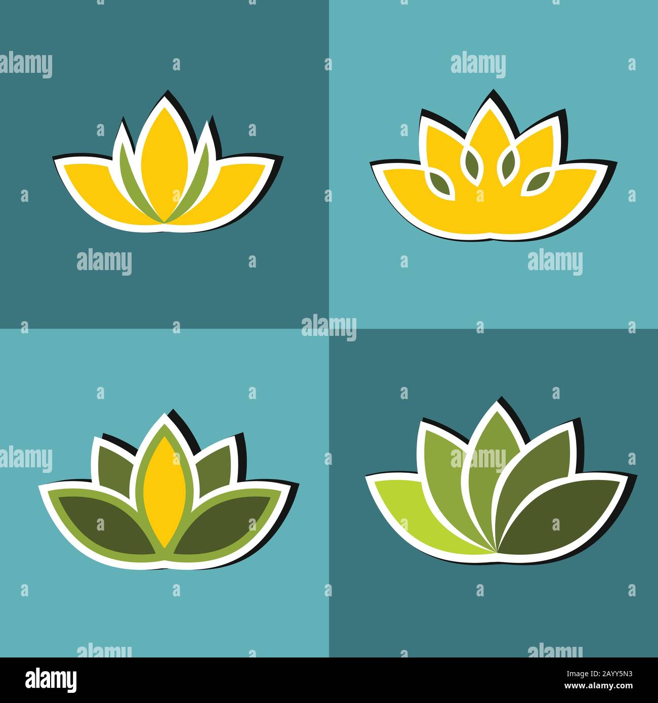 Fleurs plates de couleur avec trait blanc sur fond bleu. Ensemble d'éléments floraux. Illustration vectorielle Illustration de Vecteur