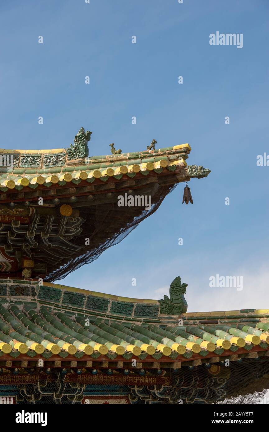 Détail du toit des temples de Zuu, partie du complexe monastère d'Erdene Zuu à Kharakhorum (Karakorum), Mongolie, Mongolias plus grand monastère, (ONU Banque D'Images