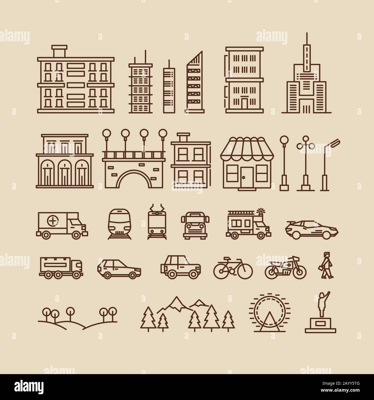 Éléments de ligne de la ville. Bâtiments et maisons, arbres et icônes de transport pour la carte de la ville ou le paysage urbain. Illustration vectorielle Illustration de Vecteur