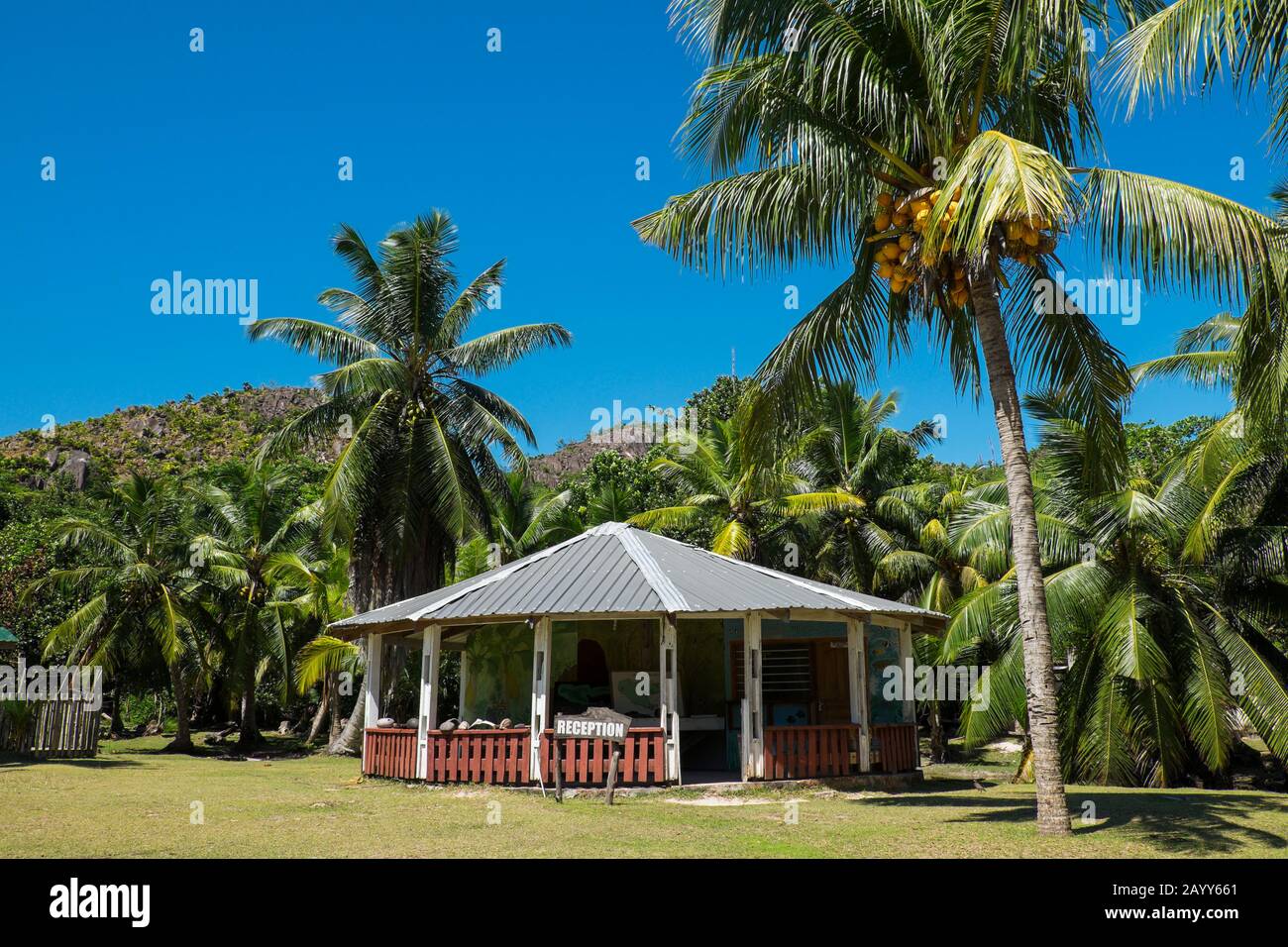 Centre de réception sur l'île de Curieuse qui sert de centre de reproduction de tortue géante aux Seychelles Banque D'Images