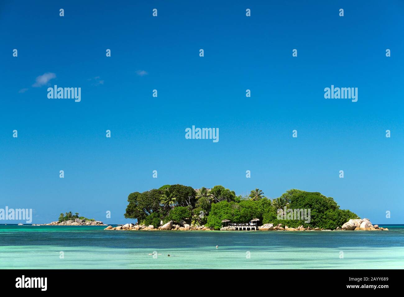 Tubas dans les eaux tropicales clériaires de l'île Chauve souris avec l'île St Pierre Islet en arrière-plan. Ile Praslin, Seychelles Banque D'Images